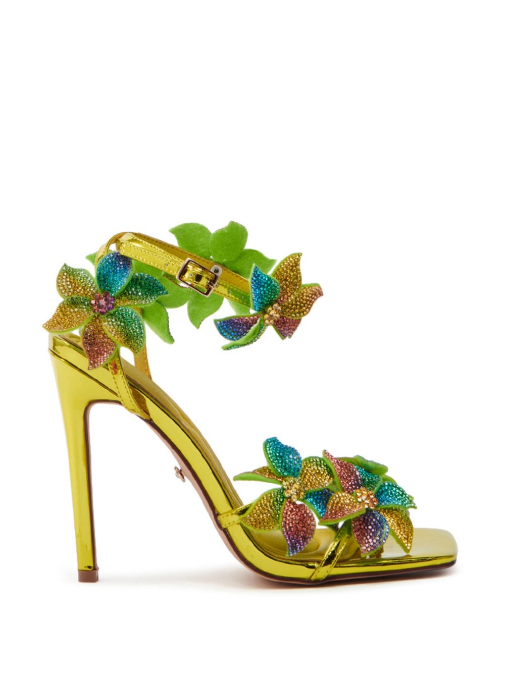 AKIRA Metallic Gold Floral Crystal Ankle-Strap Heel
